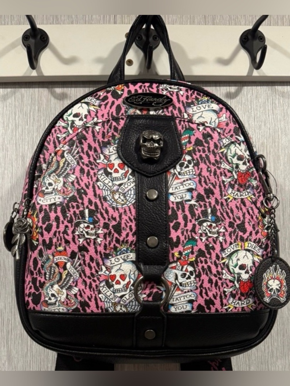 NWT Ed Hardy Pink Leopard Print w Skulls Mini Backpack